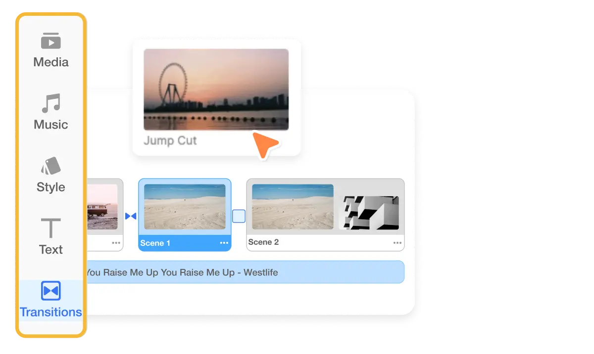 Interface showing how to add video transitions in Visla, with a selection of transitions available in the left-hand menu ready to be dragged and dropped between clips.